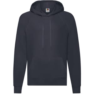 A dark navy hoodie featuring a kangaroo pocket and a hood, with a logo on the label.