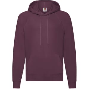 A lightweight hooded sweatshirt in a deep burgundy colour, featuring a front pocket and a logo.