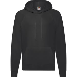 A lightweight hooded sweatshirt in black with a front pocket and a logo on the label.
