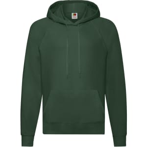 A lightweight hooded sweatshirt in dark green with a front pocket and raglan sleeves. It features a logo.