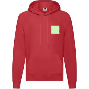A red lightweight hooded sweatshirt with a front pocket and a small logo on the chest area.