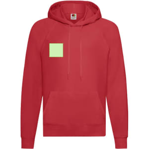 A red hooded sweatshirt with a front pocket and a square patch, featuring a logo on the chest area.