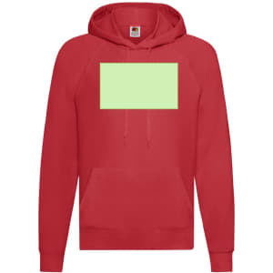 A red lightweight hooded sweatshirt featuring a front pouch pocket and a blank area for customisation.