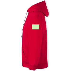 A red lightweight hooded sweatshirt with a kangaroo pocket and a blank patch on the sleeve.