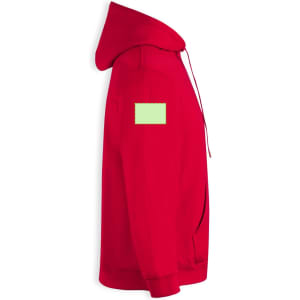 A red lightweight hooded sweatshirt featuring a visible logo area on the sleeve.