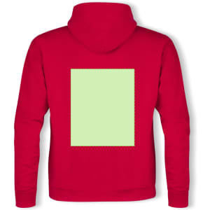 A red lightweight hooded sweatshirt with a blank, light green rectangular area on the back. It features a hood.
