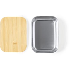 A rectangular lunch box with a bamboo lid and a silver metal container. It has a modern design.