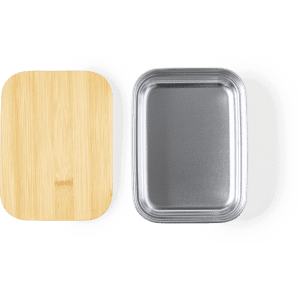 A rectangular lunch box with a bamboo lid and a stainless steel base. The container has a sleek and modern design.