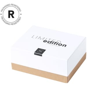 A white and brown box labelled "limited edition," featuring a logo and a minimalist design.