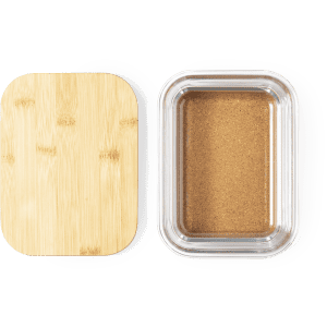 A glass container with a bamboo lid, featuring a smooth, light brown interior. The container has a logo.
