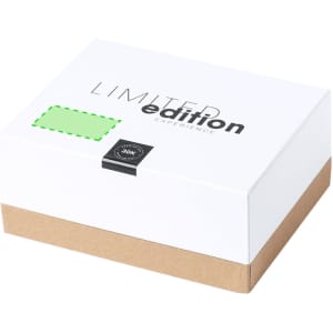A white box with a brown base, featuring a label for limited edition, and a green outline rectangle.