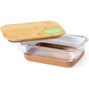 A glass lunch box with a cork base and a bamboo lid, featuring a rectangular shape and transparent design.