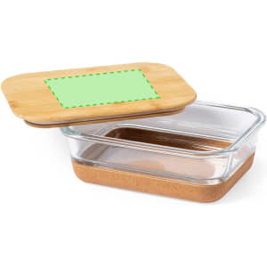 A glass lunch box with a bamboo lid and a cork base, featuring a rectangular design.