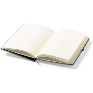 An open notebook with lined pages and a black cover. It has a bookmark ribbon for easy navigation.