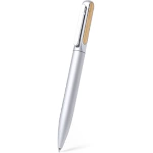 A silver pen with a wooden accent, featuring a smooth, sleek design and a branded logo.