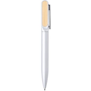 A white pen with a wooden accent and silver clip. It features a sleek design suitable for professional settings.