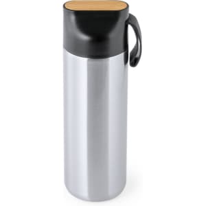 A silver drink bottle with a black lid and a wooden top, featuring a handle and a logo.