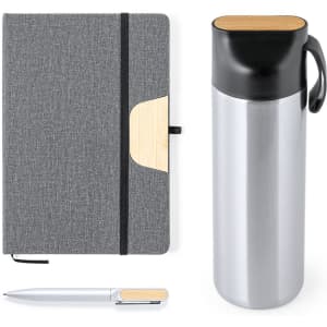 A grey notebook with a wooden accent, a silver drink bottle, and a silver pen with a wooden top.