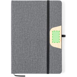 A grey notebook with a textured cover, featuring a wood-like pocket and an elastic band closure.