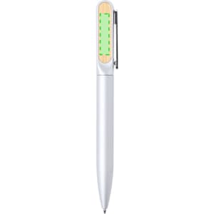 A silver pen with a wooden accent and a green section for branding. Suitable for office and business gift sets.