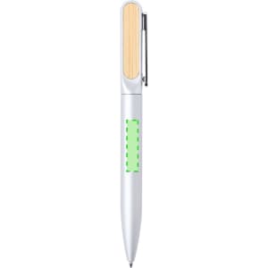 A silver pen with a wooden accent, featuring a clip and a visible logo area.