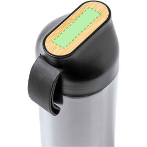 A drink bottle with a silver stainless steel body and a black lid featuring a bamboo top and a loop handle.