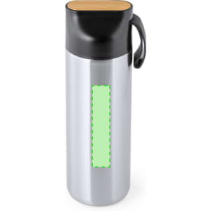 A drink bottle with a stainless steel body, black lid, and wooden top. It features a blank area for custom branding.
