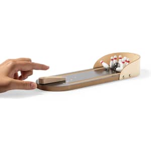 A wooden minigame bowling set featuring a bowling lane, pins, and a small bowling ball.