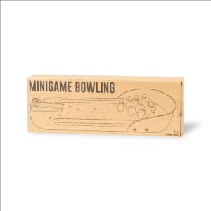 A cardboard box containing a bowling minigame set, featuring illustrations and an embedded logo.