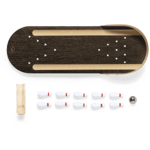 A mini bowling game set featuring a wooden lane, nine white pins, and a bowling ball. Includes a scoring sheet.