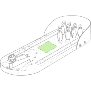 A mini bowling game setup featuring a wooden lane, nine pins, and a bowling ball in a light colour scheme.