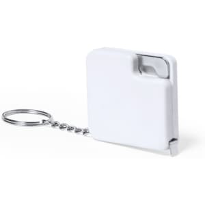 A white 1m tape measure with a keyring attachment, featuring a sleek, compact design.