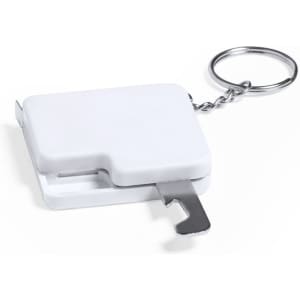 A white tape measure keyring, featuring a compact design with a silver keychain attachment.