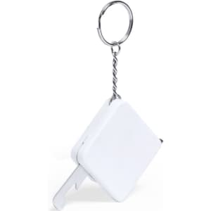 A white tape measure with a keyring attachment, featuring a simple square design and a measuring tape.
