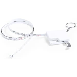 A white tape measure with a keyring attachment, featuring a flexible measuring tape and a metal hook.