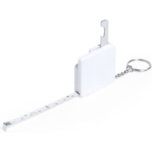 A white tape measure with a keyring attachment, featuring a metal hook and a retractable one-metre tape.