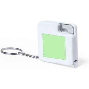 A white tape measure with a keyring attachment, featuring a blank green area for customisation.