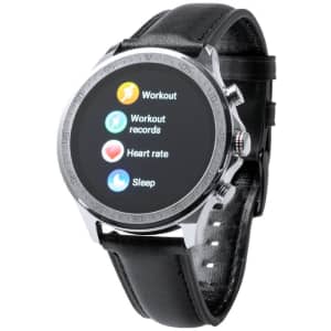 A smartwatch with a round face, black leather band, and icons for workout, heart rate, and sleep tracking.