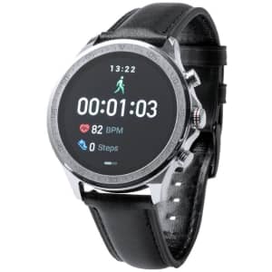 A round smart watch with a black leather strap and silver casing, displaying fitness metrics on its screen.
