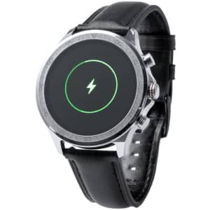 A smartwatch with a sleek silver and black design, featuring a round face and a leather strap.
