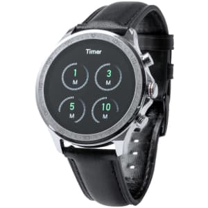 A smartwatch with a round, silver case and a black leather strap, featuring a digital timer display.