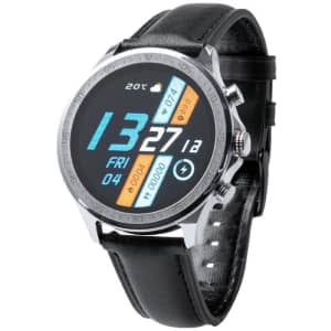 A smartwatch with a round display, silver casing, and a black leather strap, featuring a digital interface.