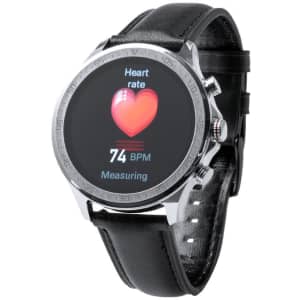 A smartwatch with a round face, silver bezel, and black leather strap, displaying a heart rate measurement.