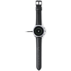 A circular smart watch with a black strap and a green accent, featuring a logo on the face.