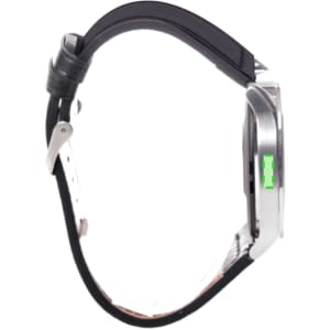 A smart watch with a silver metal casing and a black silicone strap, featuring a logo on the side.