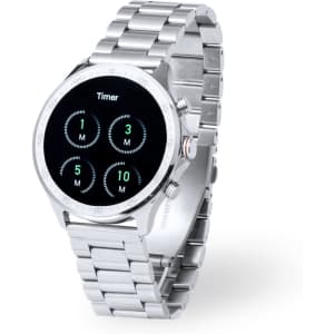 A silver smartwatch with a sleek metallic band and a black display showing timer functions. It features a logo on the dial.