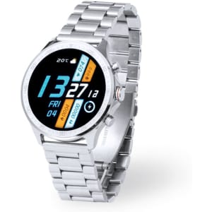A silver smartwatch featuring a round display, multiple digital functions, and a metal link bracelet.