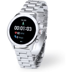 A silver smart watch with a metal band displaying fitness metrics and time. It features a logo on the dial.
