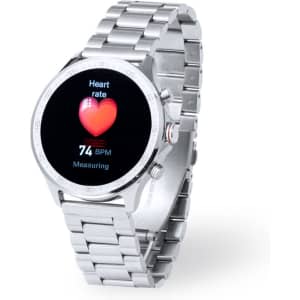 A silver smart watch with a round face displaying a heart rate reading. It has a metallic bracelet design.