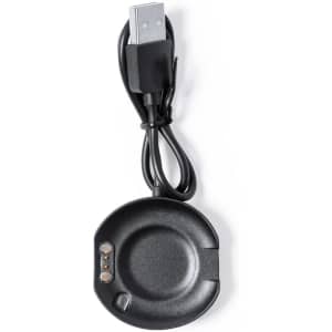 A black USB charging dock for a smart watch, featuring three charging pins and a connecting cable.